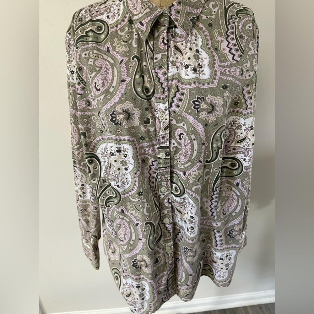 Izod Womens Cotton Paisley Long Sleeve Button Up Pink Green Shirt Unsized